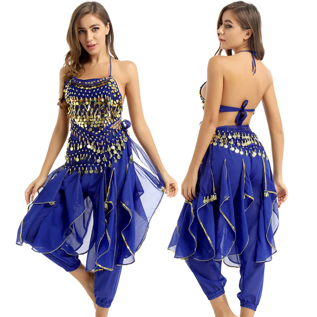 Women India Belly Dance Costume Outfit Indian Performance Clothes Halter Neck Top With Harem Pants And Hip Scarf Dancewear | Тематическая