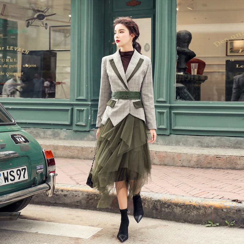 

2021 Autumn Women Grey Plaid Notched Blazer Check Office Sashes Jacket+Elastic Waist Army Green Mesh Skirt Set Two-Pieces Outfit