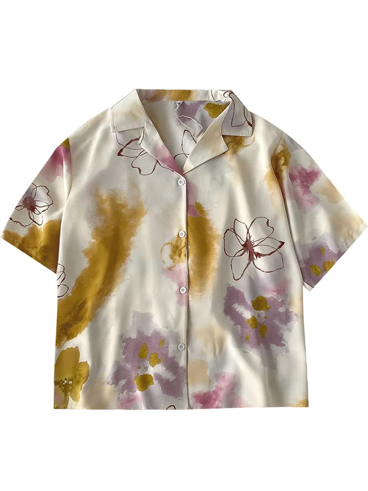 

Tie Dye Floral Shirts Short Sleeve Women Summer Loose Boyfriend Casual Shirts Tops