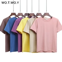 wotwoy 2021 summer cotton t shirt women loose style solid tee shirt female short sleeve top tees o neck t shirt women 12 colors