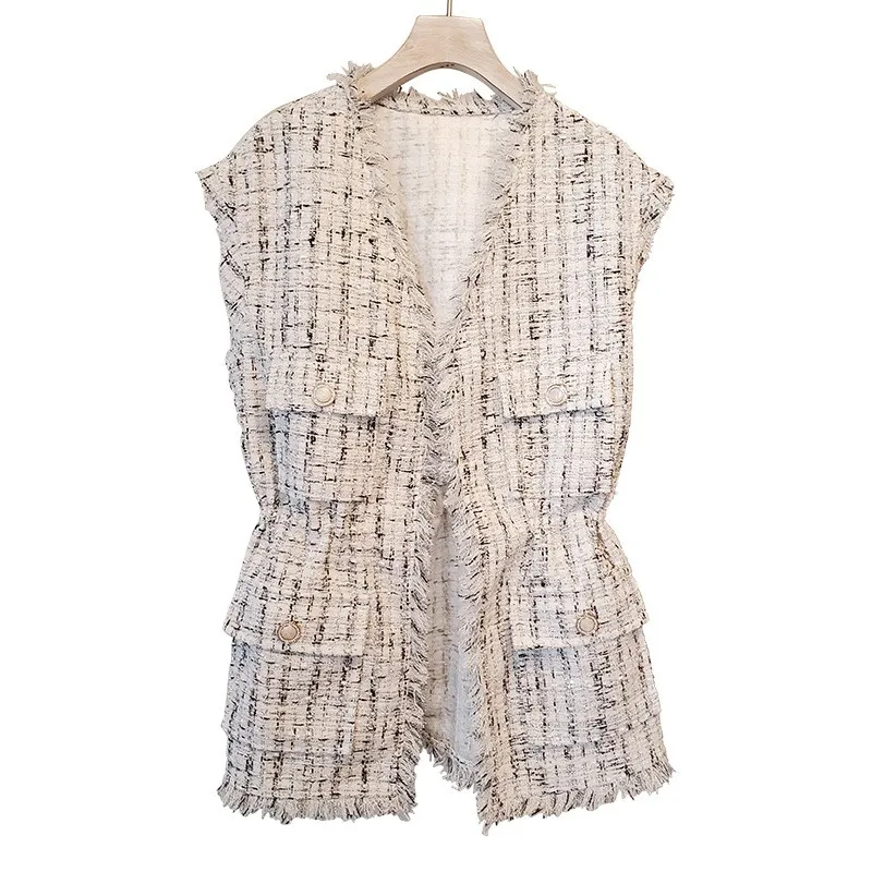 

Tweed Vests Women V-Neck Cardigan Multi-Pockets Tassel Trim Drawstring Slim Fit Office Lady Spring Autumn New Plaid Waistcoat