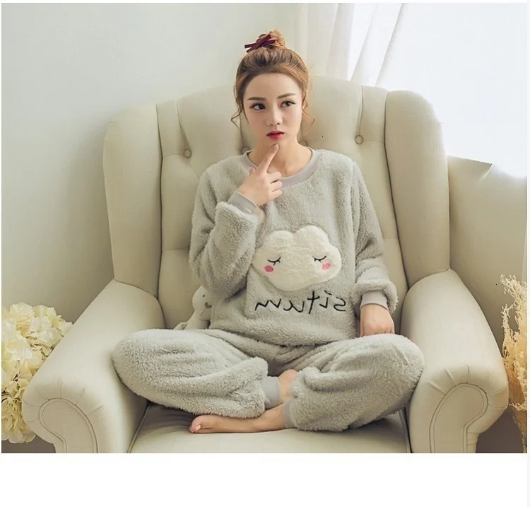 Gray Clouds Пижамы с рисунками животных для женщин, пижамы, зимние толстые теплые коралловые пижамы для женщин, осенняя Пижама Mujer Verano, пижамный комплект - Цвет: Gray Clouds