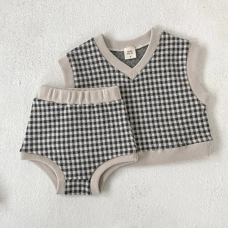 Conjunto de ropa para beb&eacute;, chaleco bonito a cuadros + Pantalones de Pp, 2 uds., traje infantil, conjunto sin mangas, trajes de Ni&ntilde;os Peque&ntilde;os 2021-1