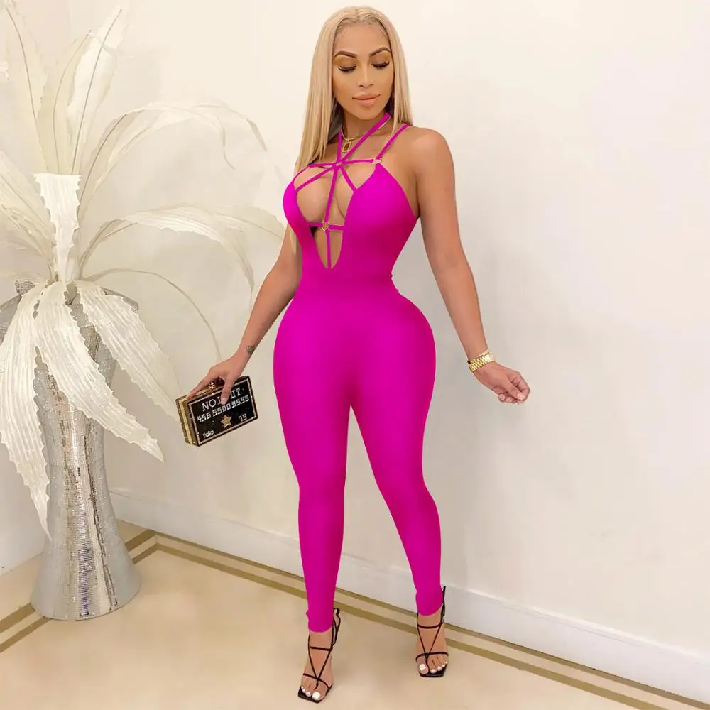 Echoine Hollow Out Sexy Lace Up Bandage Jumpsuit Sleeveless Skinny Bodycon Partywear Streetwear Backless Halt Club Outfits