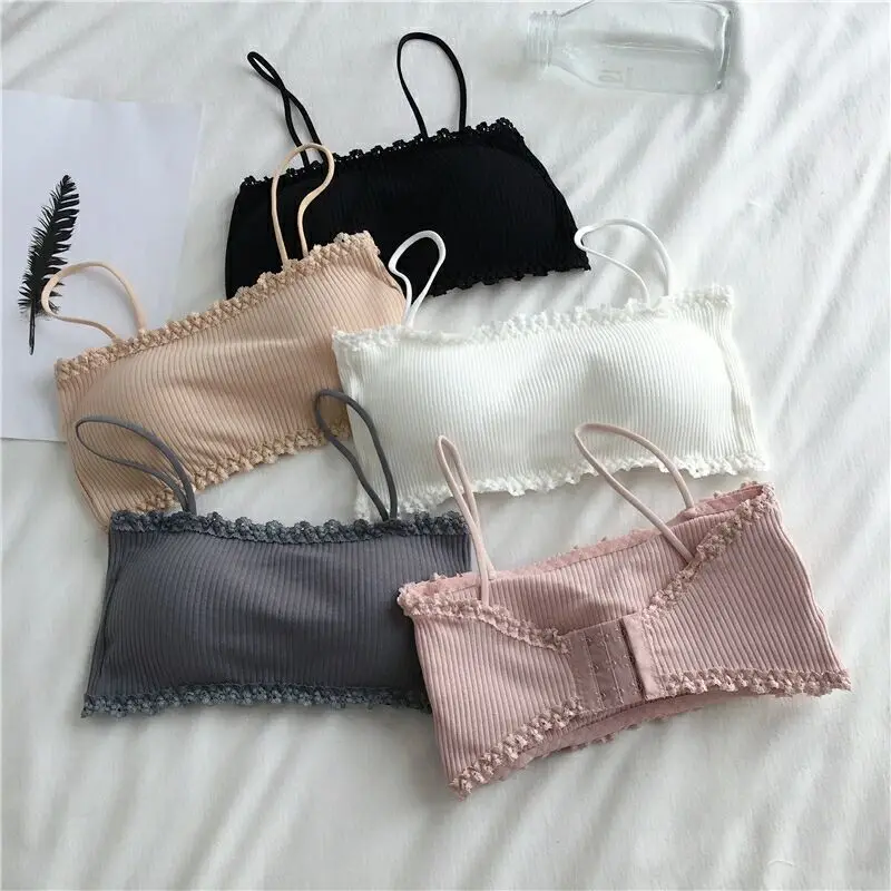 

New Lace Bralette Cotton Push Up Striped Tube top Thin Straps Wireless Female Bra