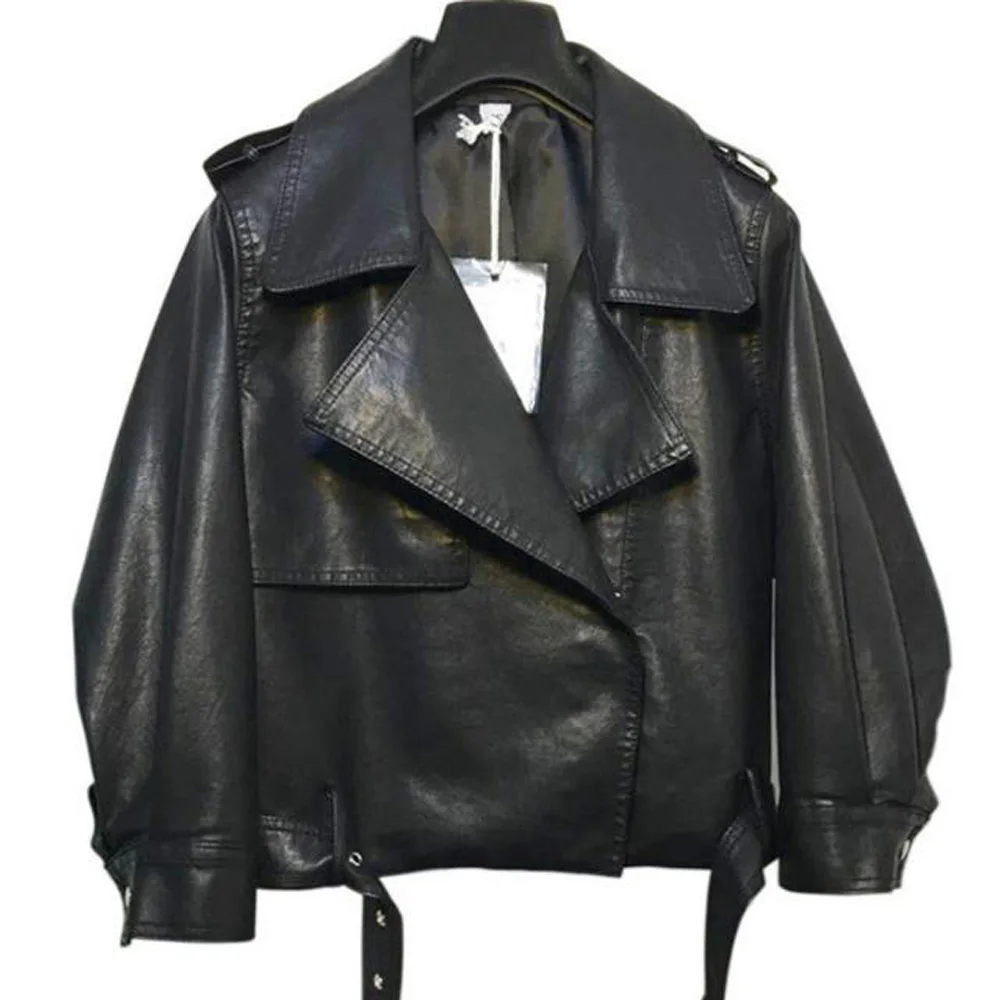 Women Faux Leather Jacket Camouflage Coat Loose Motor Style Oversized Female Gothic Turn-down Collar Biker With Belt | Женская одежда