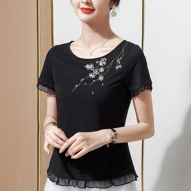 

Женская футболка с коротким рукавом, модные повседневные топы с вышивкой в китайском стиле, 2021, размера плюс, блузы, лето M-4XL