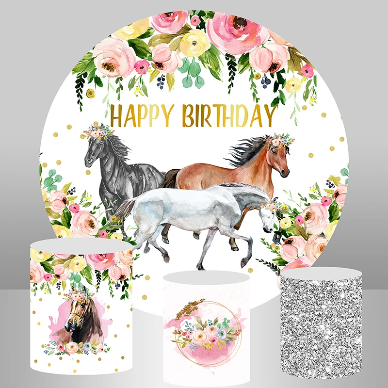 

Horse theme Circle Round Backdrop Watercolor Flowers Dots Girls Birthday Party Background Decor Cake Table Banner Plinth Cover