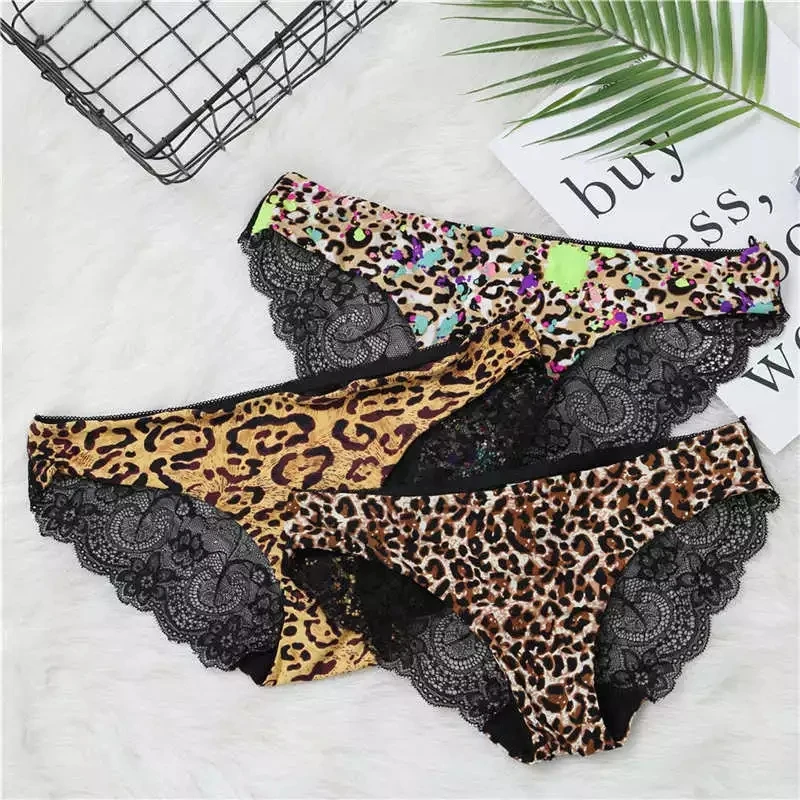 

Fashion Women's Sexy Lace Panties Seamless Underwear Leopard Ice Silk for Girl Bikini Cotton Crotch Transparent Lingerie Briefs