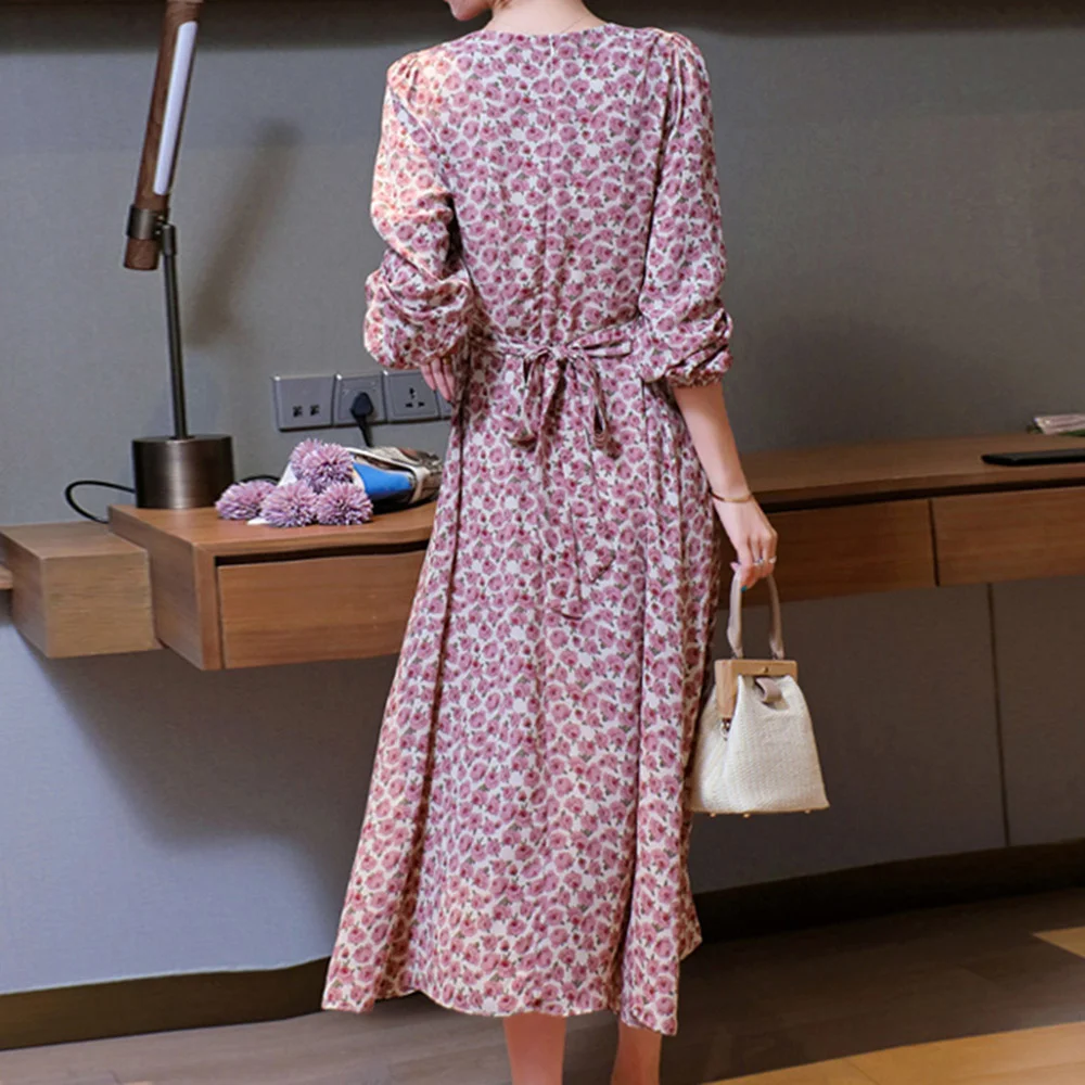 

Women Floral Dress Round Neck Chiffon Long Sleeve Pastoral French A-line Sweet Lady Fashion Spring 2021