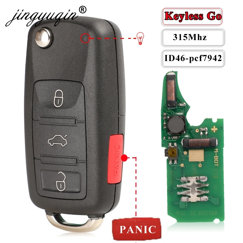 

jingyuqin Keyless Go Fob 3+1Panic 4 Buttons 315MHz Flip Remote Key for VW Volkswagen Touareg Phaeton 3D0959753AK ID46 7942 Chip