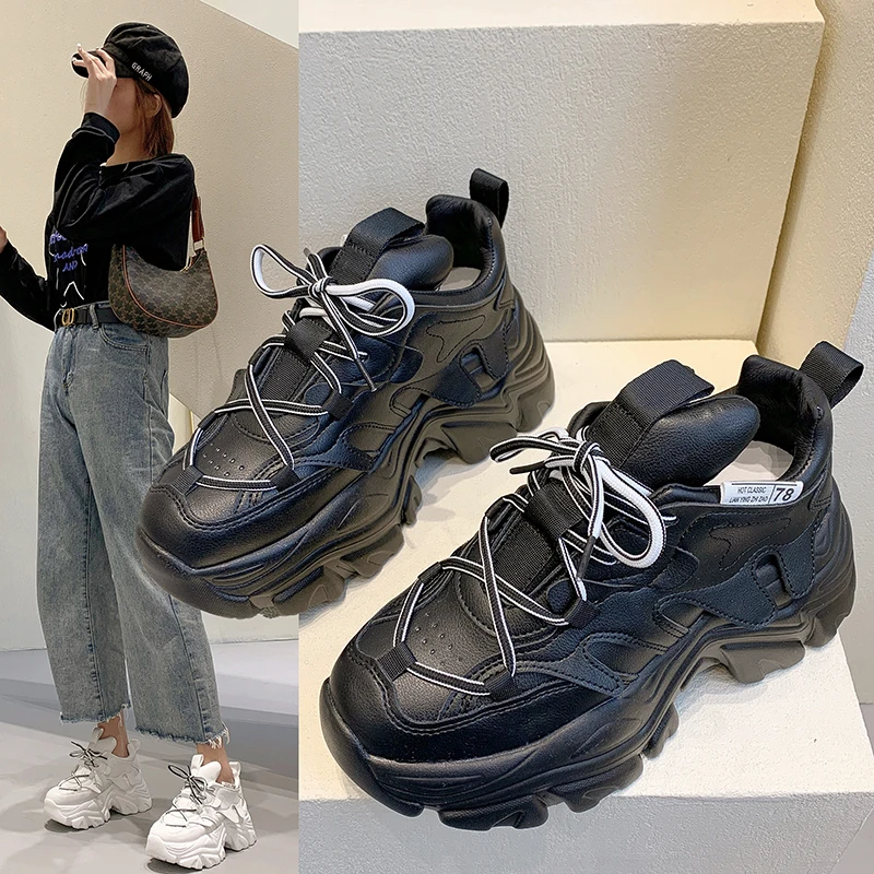 

New Design Thick Sole Women Shoes 2021 Fashion Women's Soft Leather High Platform Sneakers Girls Pink Sports Chunky Shoes Female