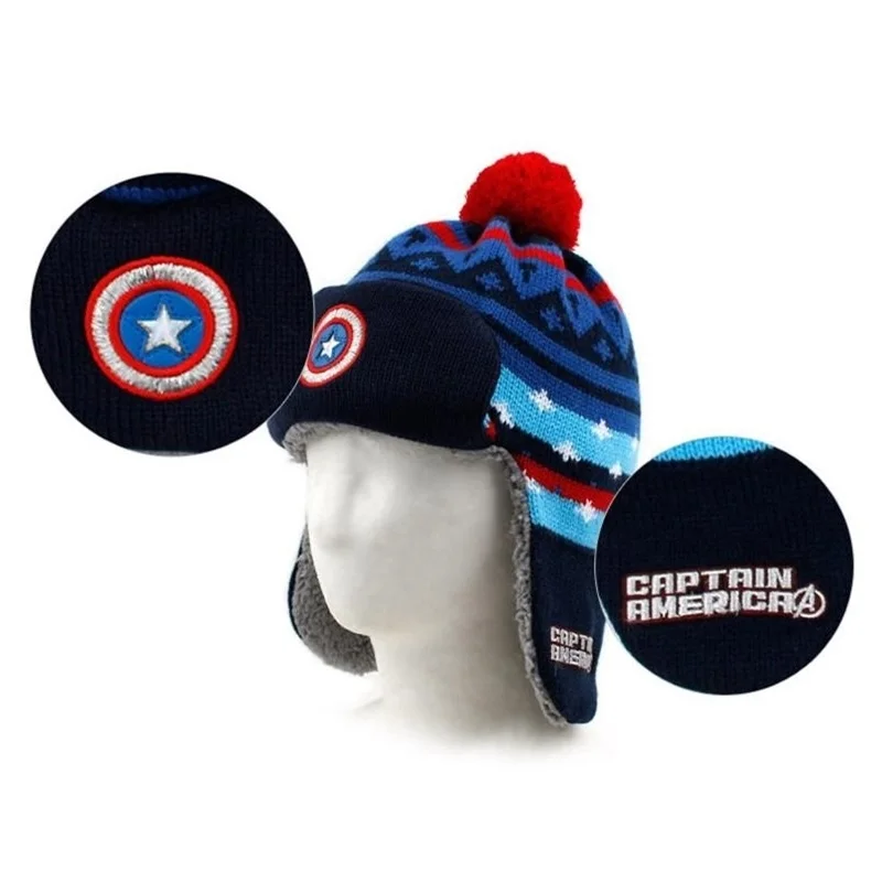 Зимняя детская шапка Marvel, Капитан Америка, Железный человек, шапочка для мальчиков, зимняя плотная теплая шапка-ушанка с ушками