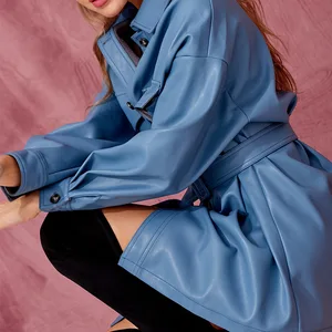 Тренч женский из искусственной кожи, облегающий длинный жакет с голубым принтом, офисная одежда из искусственной ветронепроницаемая куртка, весна-осень