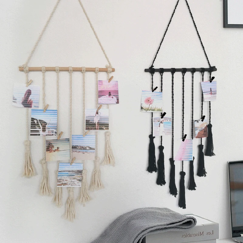 

Висячий фотодисплей макраме с кисточкой держатель для фотографий с зажимами домашний Настенный декор