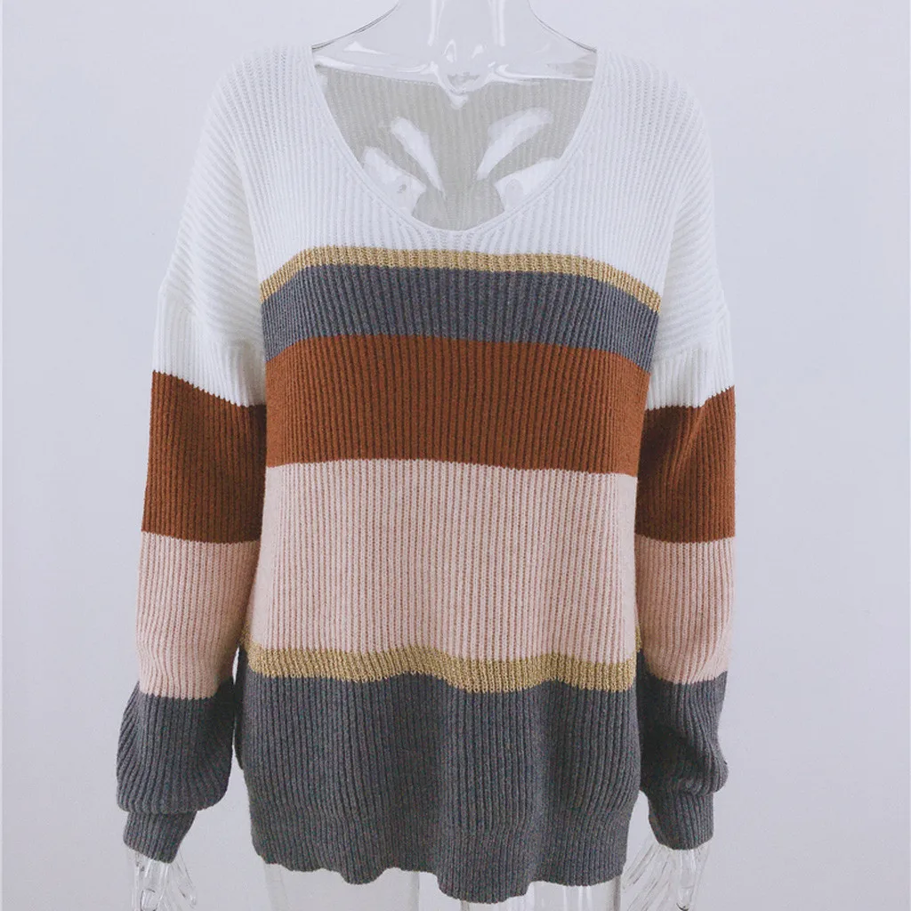 

Long Sleeve Knitted Warm Sweater Women Pullover 2020 Korean Oversize Stripes V-Neck Patchwork Slim Striped Casual Clothes #813
