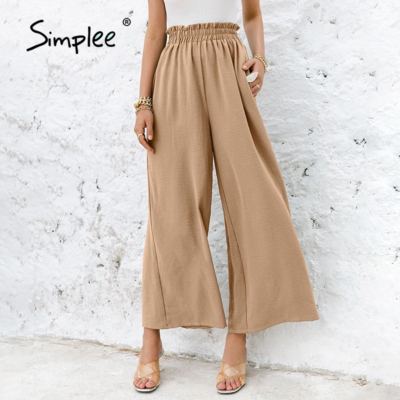 Simplee Solid color high waist wide leg pants women Loose casual summer trousers Classic ruffled soft long female bottoms | Женская