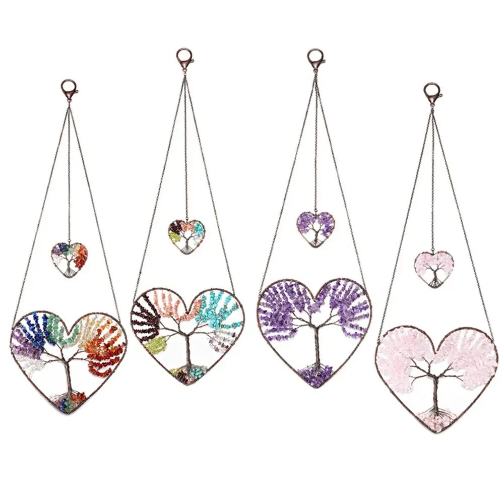 

Heart Shape Tree of Life Feng Shui Hanging Ornament Reiki Amethyst Pink Quartz Gemstone Spiritual Meditation Home Walls Decor