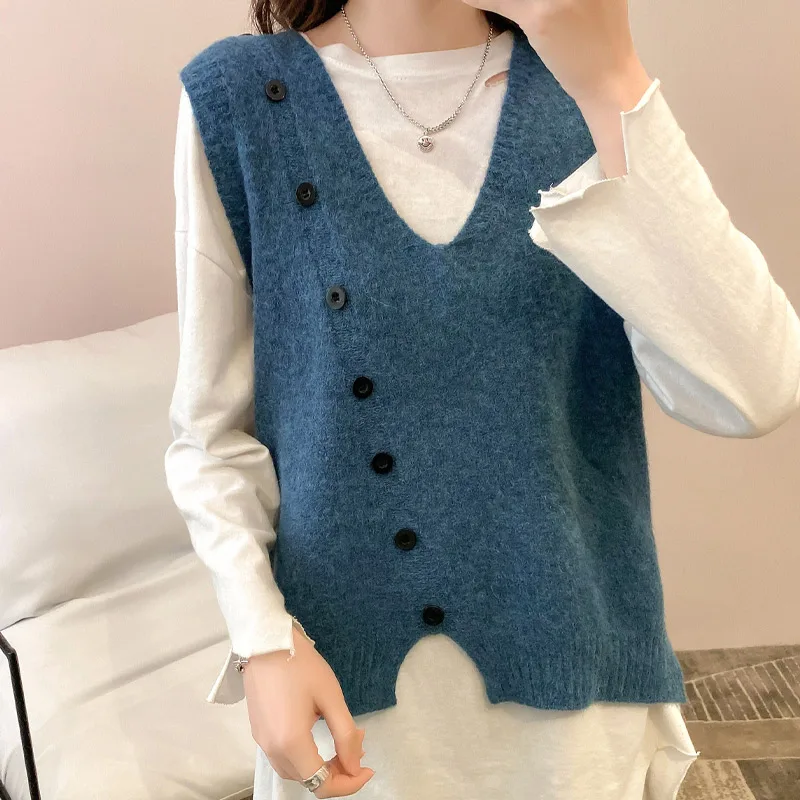 

2020 Autumn New In Sleeveless Sweater Vest Women Preppy Style Pure Button Deep V Neck Knitted Jumper Female knitting Waistcoat