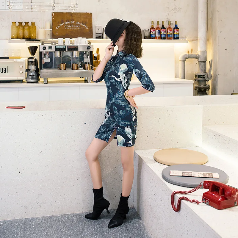Темно-синий китайский традиционный стиль Cheongsam элегантное женское платье на пуговицах ручной работы воротник-стойка сексуальное короткое платье Размер S-XXL