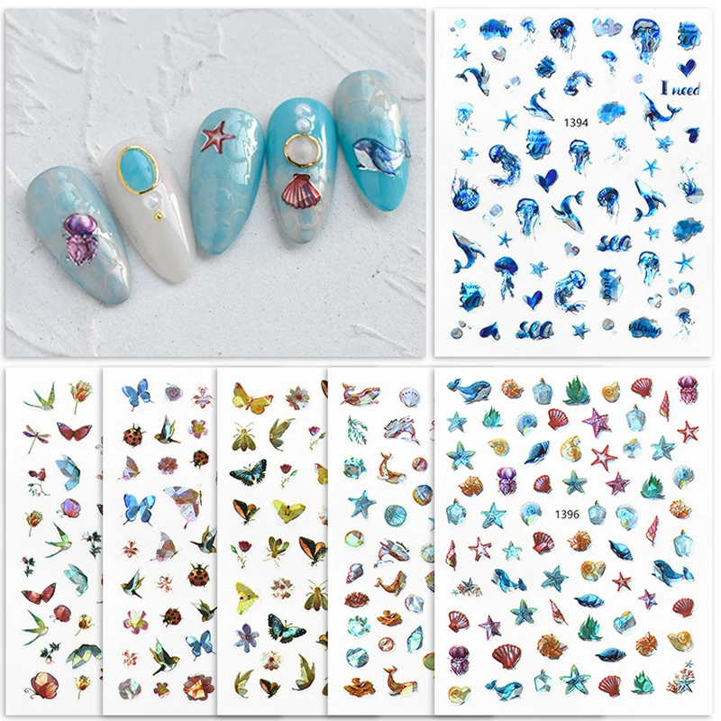 

Nail Stickers Back Glue Laser Color Animal Butterfly Bird Jellyfish Dolphin Designs Nail Decal Decoration Beauty Salons