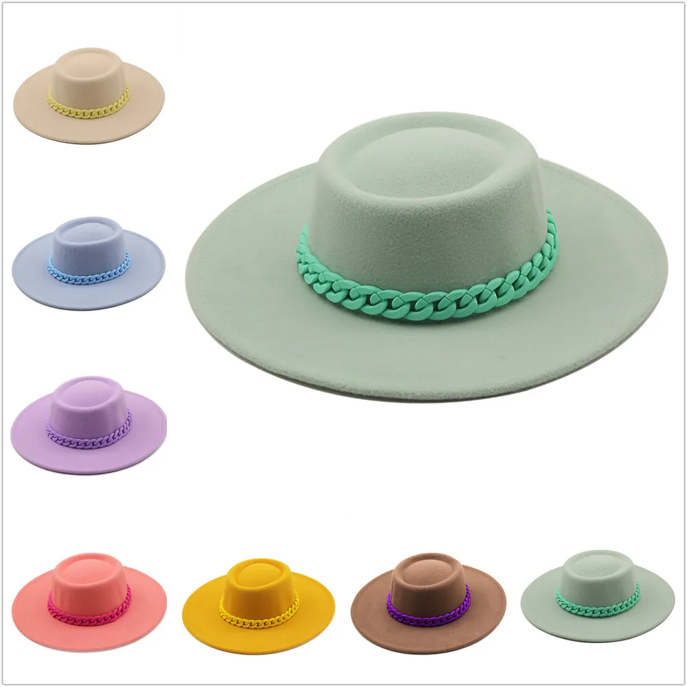 

New Fashion Winter Wool Felt Pork Pie Boater Flat Top Panama Jazz Hat For Women's Men's Wide Brim 9.5CM Fedora Gambler Hat
