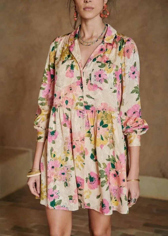 

Women's Robe Vintage Turn-down Collar Shirt Style Dress Floral Print Long Sleeve Mini Dress