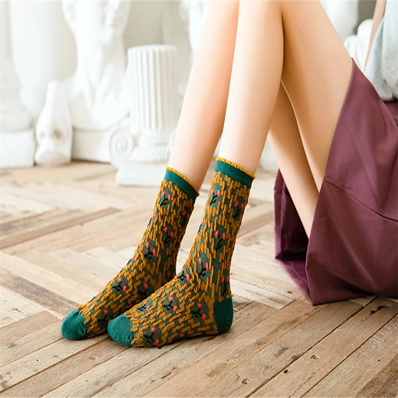

2021 Women Retro Stack Socks Thousand Bird Tartan Socks Japanese Style Preppy Fashion Sen Department Mid-tube Sock For Girls