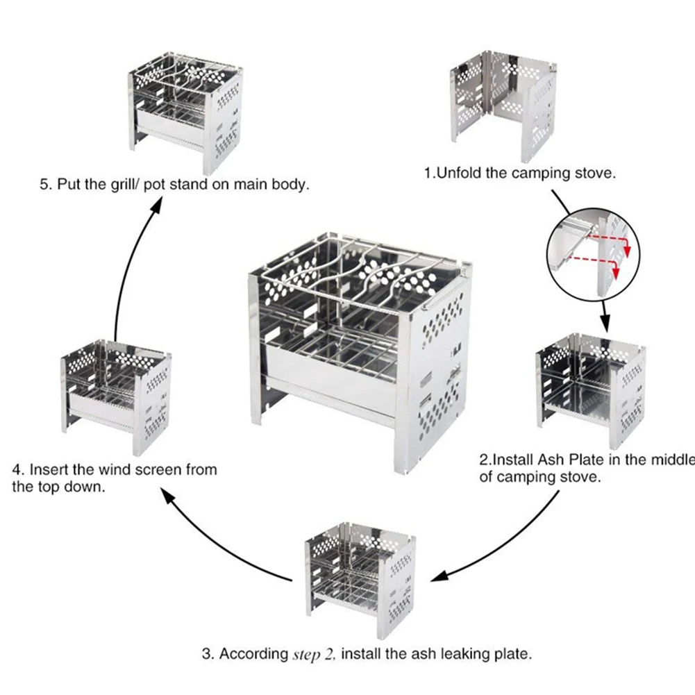 

Timber Camping Stove Stainless Steel Stove with Windscreen Detachable Foldable Stove for BBQ, Camping, Cooking