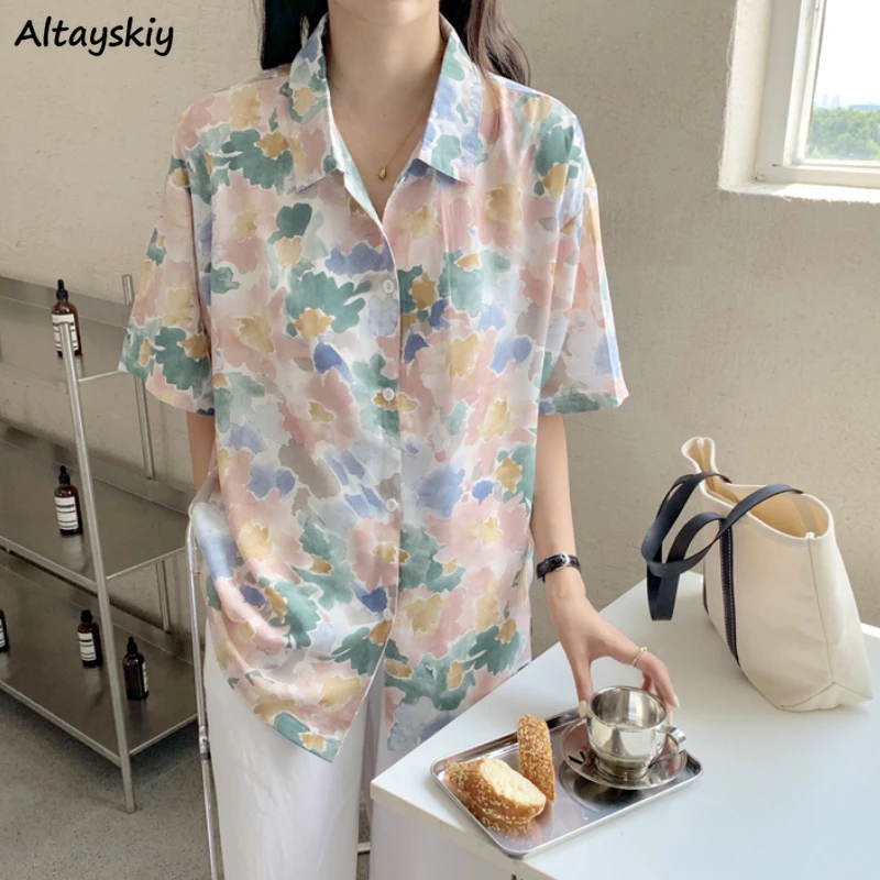 

Shirts Women Trendy Floral Printing Vintage Mid-length Half Sleeve Sweet Leisure Ladies Chic Stylish Ulzzang Korean Style Ins
