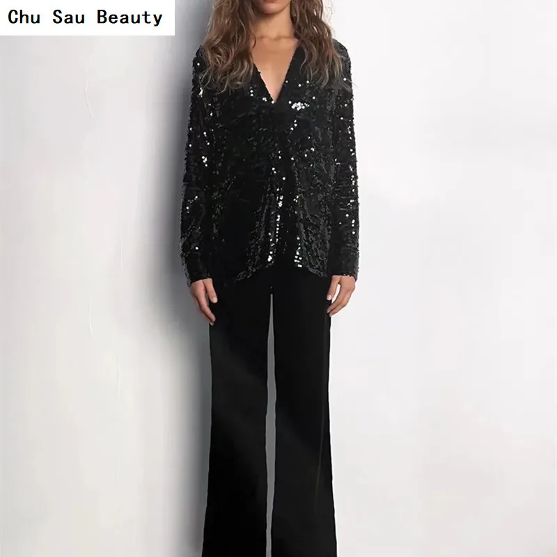 

Chu Sau Beauty 2021 ZA New Women's Fashion Black Bead Blouse Autumn Chic Buttons High Street Sexy Party Trend Mid-Length Top