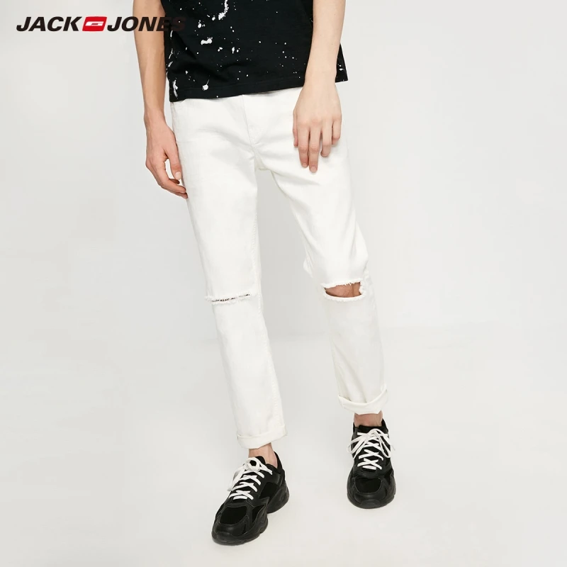 JackJones мужские белые Стрейчевые рваные укороченные джинсы хип хоп 219132511|Мужские