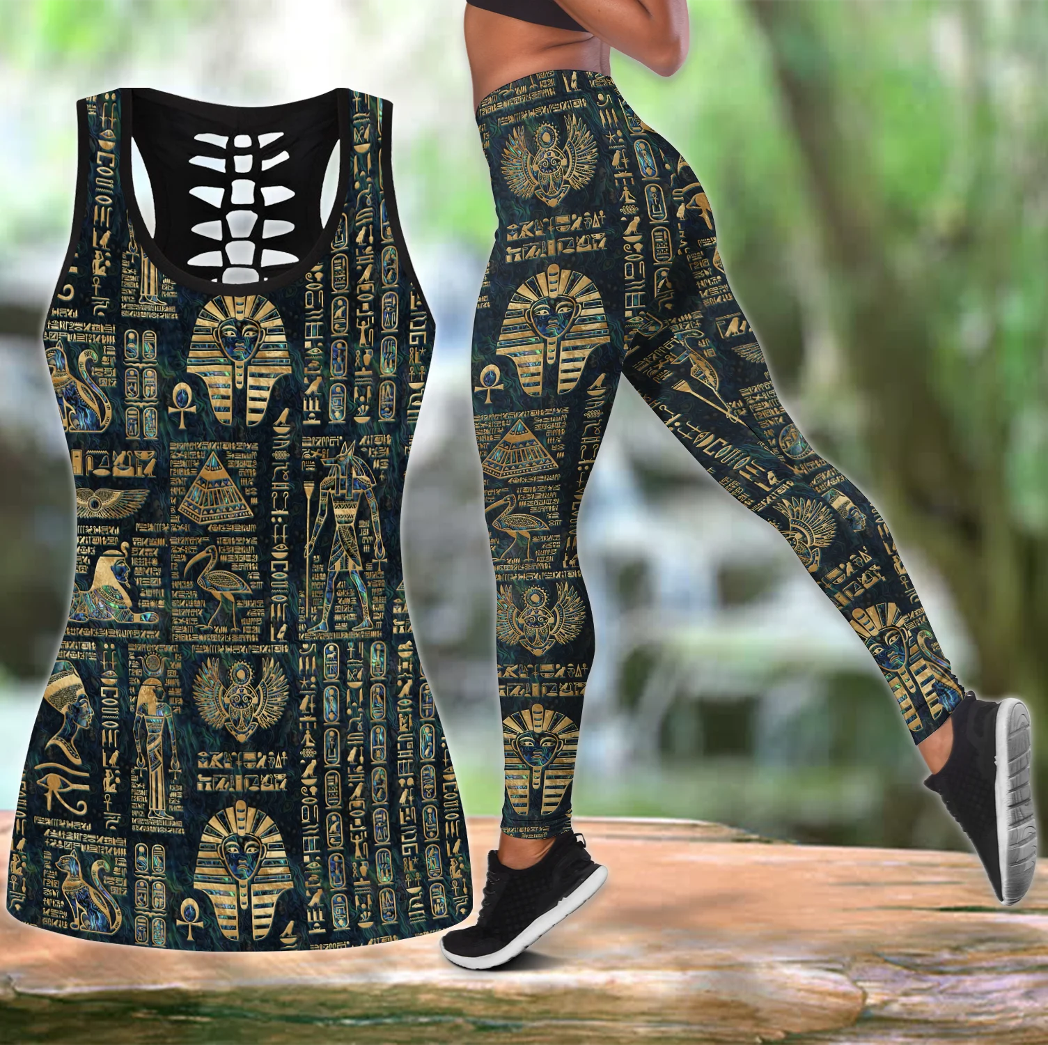 Egyptian Hieroglyphs And Deities 3D Printed Hollow Tank Top & Leggings Set Fitness Female Full Length Leggings Yoga Pants LKB-19
