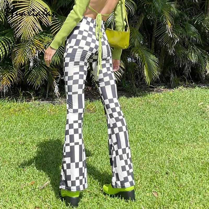 

Huaxiafan Plaid Print Long Pants Women Summer Vintage Slim Elegant Ladies Streetwear Fashion Chic Flare Pants Female 2021 Bottom
