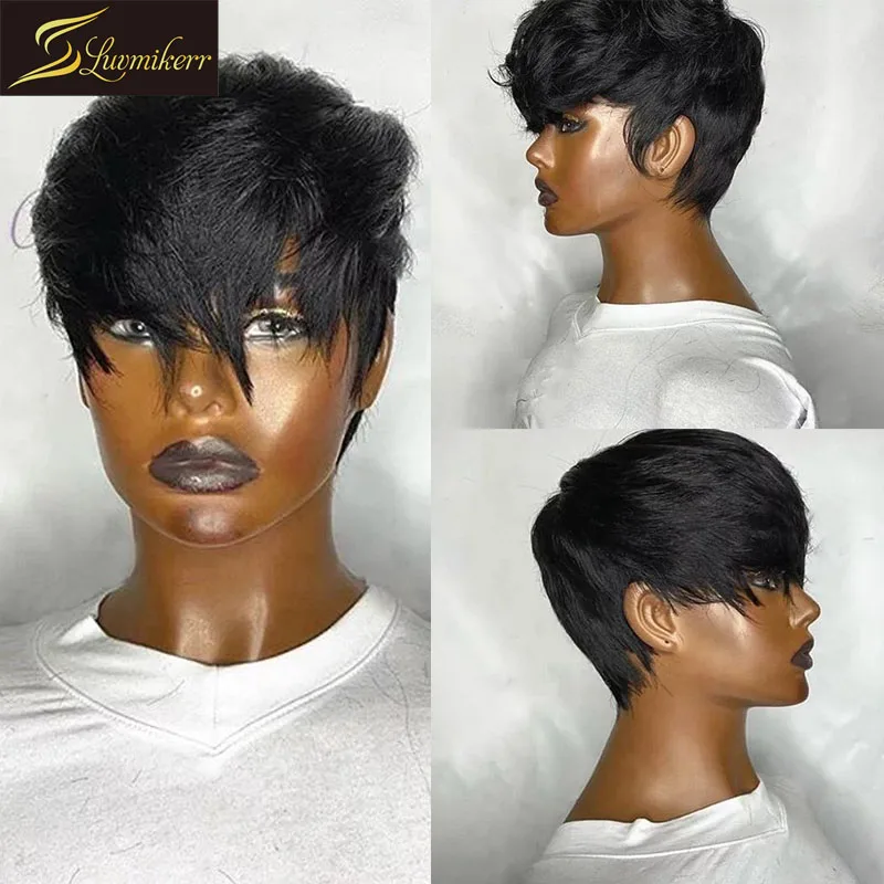 

Pixie Cut Bob Wig For Black Women Short Silky Straight Lace Front Wig Human Hair With Bang 4x4 Lace Closure Wig Pre Plucked HD