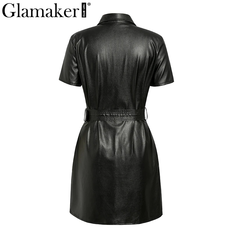 Женское офисное платье Glamaker черное из искусственной кожи с карманами и коротким