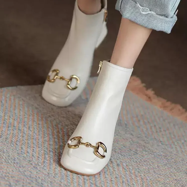 

2021 New Genuine Leather Punk Squre Toe Thick Heels Pumps for Women Working Basic Shoes Woman Metal Decoration Women Ankle Boots