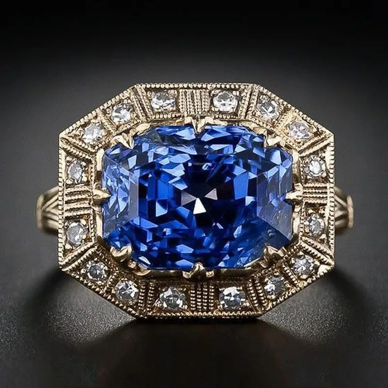 

Blue Topaz Princess Diamond Ring with 18K Yellow Gold Engagement Ring for Women Gift Jewelry Ring