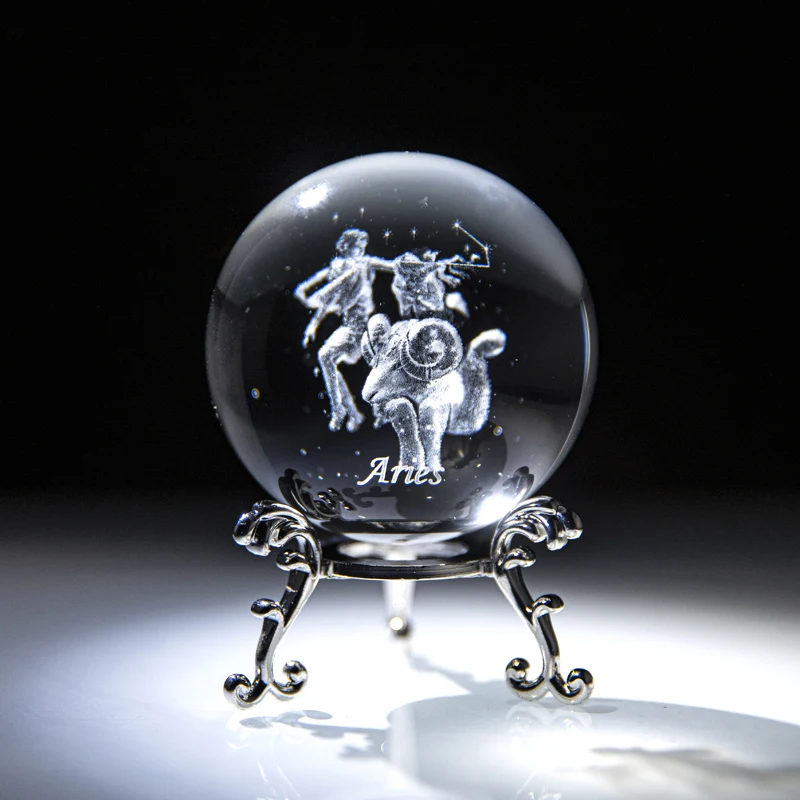 

H&D 3D Constellation Crystal Ball Sphere Display Healing Crystals Paperweight With Stand For Creative Birthday Gift (60mm,Aries)