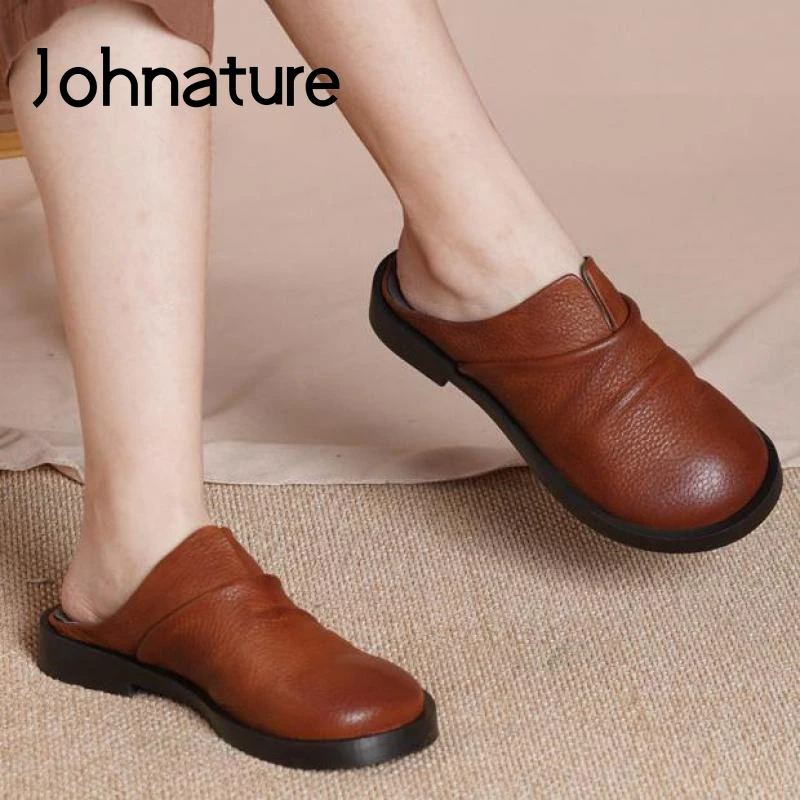 

Johnature Summer Slippers Women Shoes 2022 New Genuine Leather Outside Concise Flat With Slides Handmade Leisure Ladies Slippers