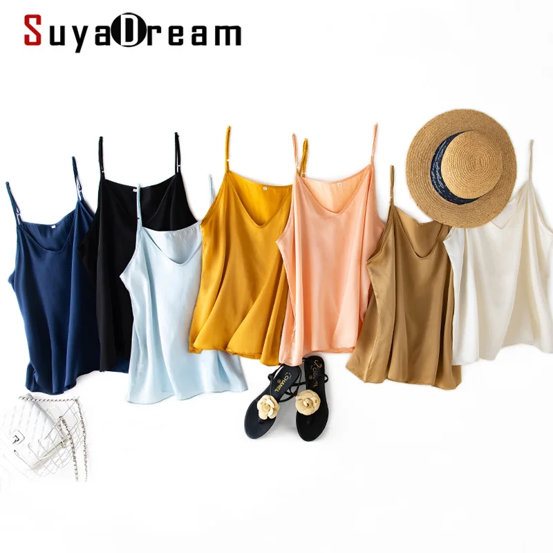 

SuyaDream Women Silk Camisoles 100%Real Silk Satin Sleeveless Solid V neck Chic Camis 2021 Summer Elegent Vests