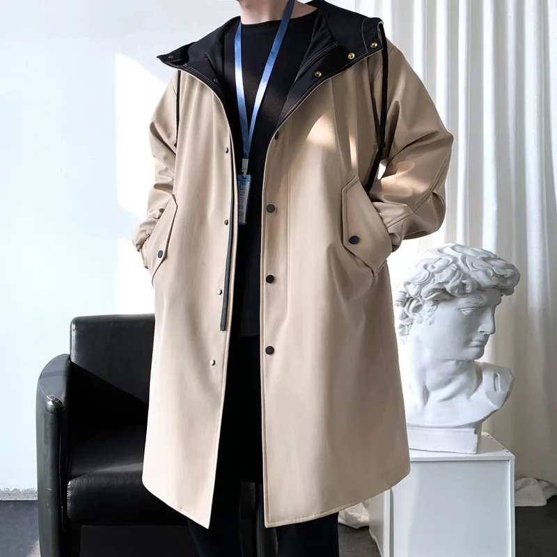 

Autumn Windbreaker Jacket Long Trench Coat Vintage Oversize Loose Streetwear Hooded Coats Casual Male Outerwear Fake Two Pcs