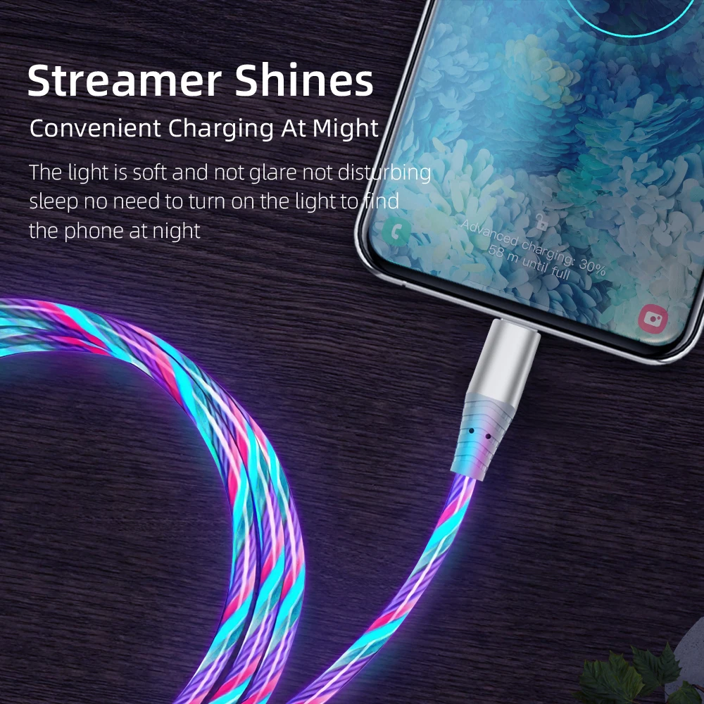 

Glowing LED Cable 3A Fast Charging Cable Micro USB Type C High Speed Data Transfer Cable Flowing Streamer Light LED USB C Cord