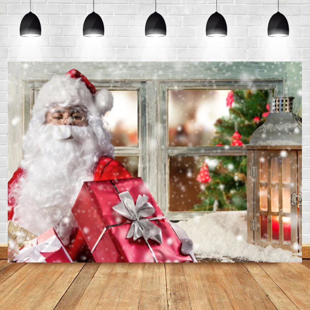 

Laeacco Christmas Tree Fake Window Snowflake Santa Claus Party Banner Backdrop Photographic Photo Background For Photo Studio