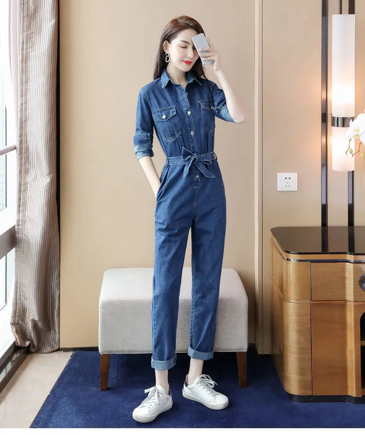 Women 2021 Spring Autumn New Fashion Denim Jumpsuits & Rompers Female Casual Fashion Pockets Empire Pant with Belt Playsuit Y155