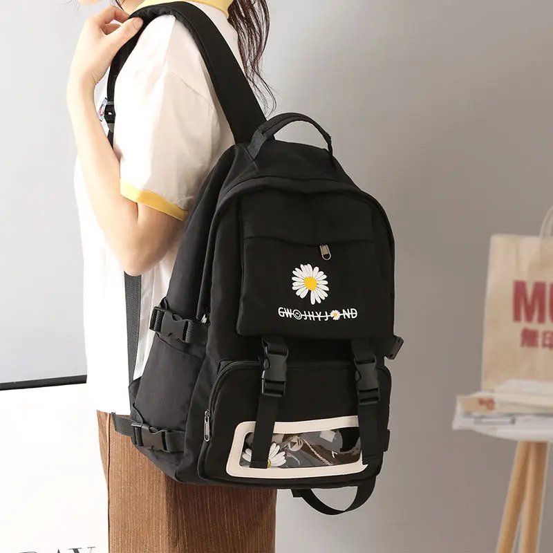 

Black Women Backpack for Girls School Bags Teenage Oxford Waterproof School Back Pack Flowers Fashion Bagpack Transparent Pouch