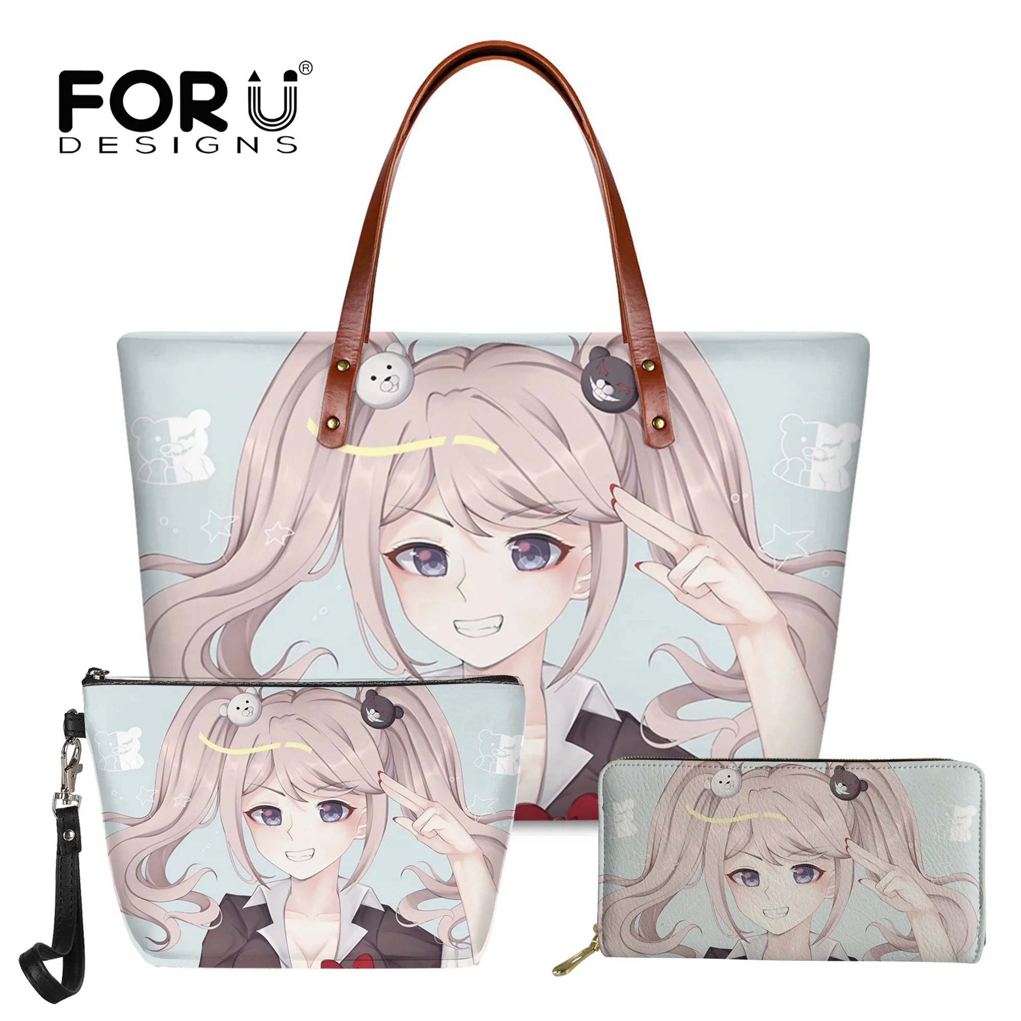 

FORUDESIGNS Fashion Women's Handbags Set Anime Girls Design Printing Shoulder Bags and Purse Cosmatic Bags 3Pcs Bolsa Mujer