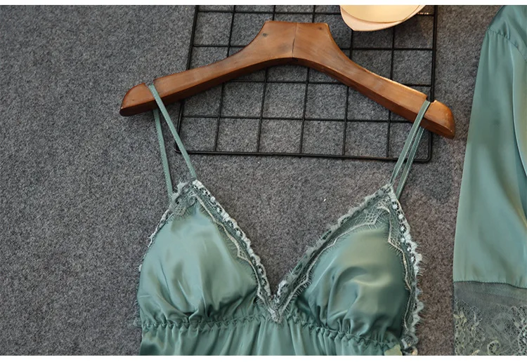 

Nightwear Women 3PCS Kimono Robe Suit Lady Sleep Set Lace Sleeve Sexy Sleepwear Intimate Lingerie Spring New Bathrobe Home Wear