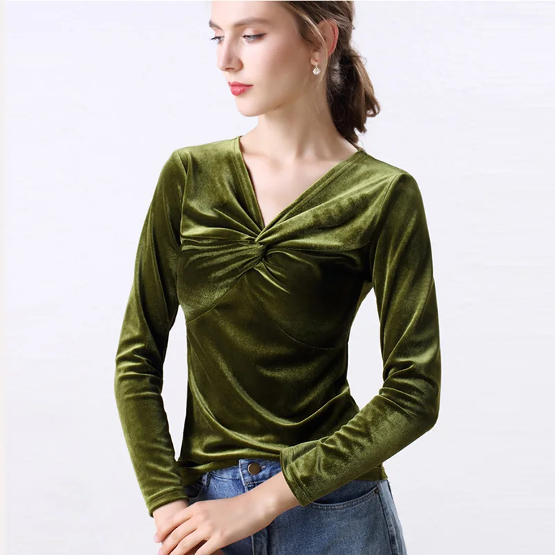 Сексуальный крест-накрест v-образным вырезом бархатные женские Blusas осень зима сексуальные велюровые рубашки Blusas Тонкий Топ Блузка Femme футболки со складками - Цвет: Зеленый