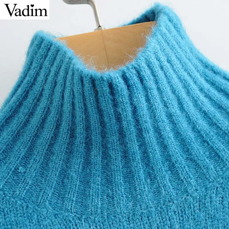 Vadim women elegant blue knitted sweaters stand collar long sleeve stretchy loose pullovers female casual warm basic tops HA616 | Женская